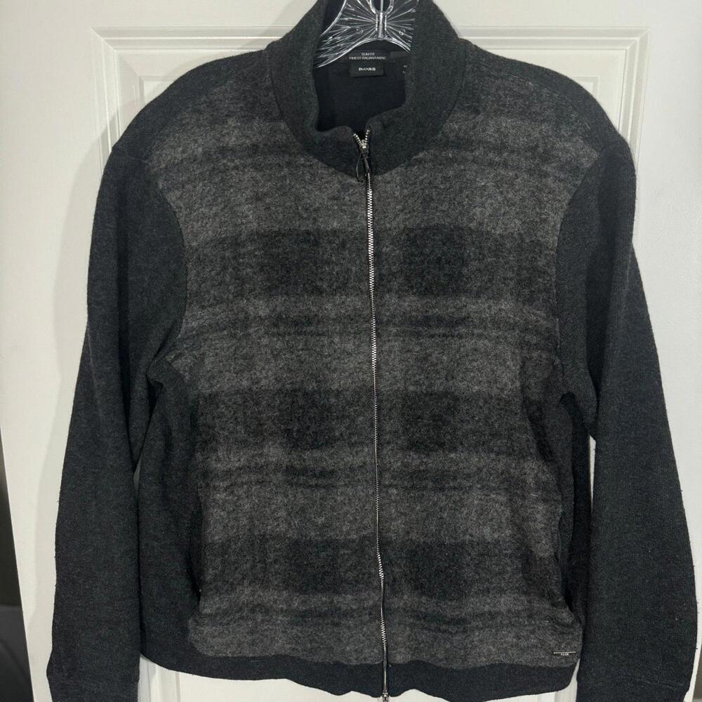 Hugo Boss Men's Large Black Plaid Slim Fit Zip Up Sweater Jacket